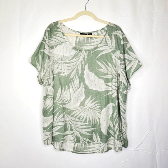 Tahari LINEN Leaf Print Top Size 2X Short Sleeve Tropical Sage Green Blouse - Picture 1 of 11